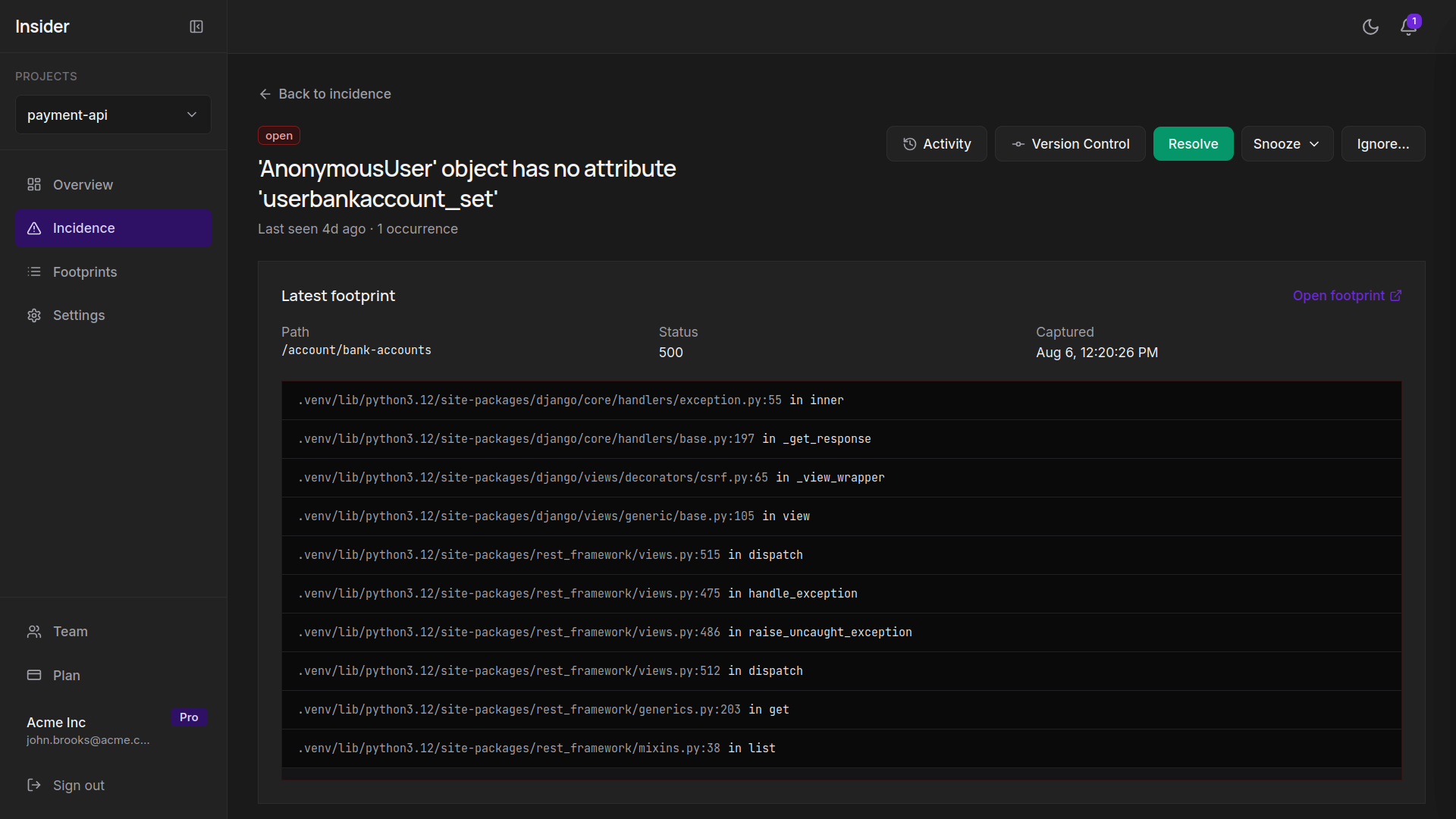 Insider issue detail — stack, release, and request context together